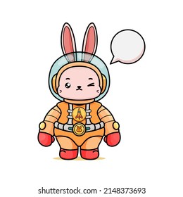 Celebrating Easter, doddle bunny mascot with an outline, in a kawaii style. easter bunny cartoon illustration in astronaut suit in font view, with bubble speech