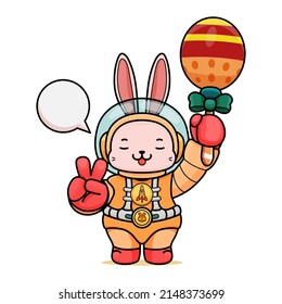 Celebrating Easter, doddle bunny mascot with an outline, in a kawaii style. easter bunny cartoon illustration in astronaut suit holding a colorful ornament egg with stick and showing peace sign
