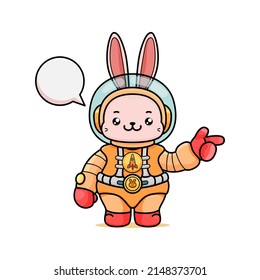 Celebrating Easter, doddle bunny mascot with an outline, in a kawaii style. easter bunny cartoon illustration in astronaut suit with pointing hand to the left