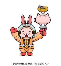 Celebrating Easter, doddle bunny mascot with an outline, in a kawaii style. easter bunny cartoon illustration in astronaut suit holding chubby cute bunny with a stick