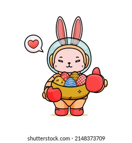 Celebrating Easter, doddle bunny mascot with an outline, in a kawaii style. easter bunny cartoon illustration in astronaut suit holding basket full of easter eggs showing ok sign