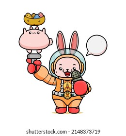 Celebrating Easter, doddle bunny mascot with an outline, in a kawaii style. easter bunny cartoon illustration in astronaut suit holding chubby cute bunny with a stick adn a microphone