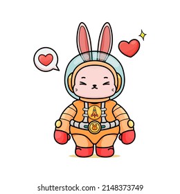 Celebrating Easter, doddle bunny mascot with an outline, in a kawaii style. easter bunny cartoon illustration in astronaut suit in font view, with both eyes closed
