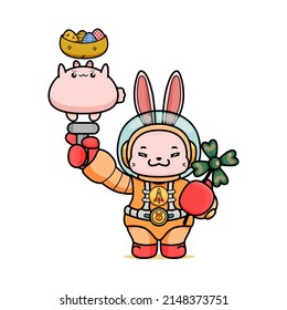 Celebrando la Pascua, la mascota del conejito esquivado con un contorno, al estilo kawaii. ilustración de caricatura de conejo de pascua en traje astronauta sosteniendo un conejito chubby con un palo y trébol 4 hojas