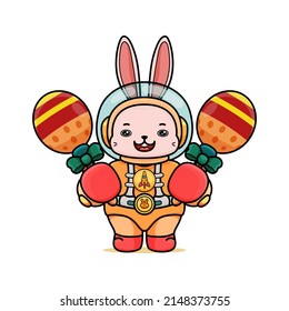 Celebrating Easter, doddle bunny mascot with an outline, in a kawaii style. easter bunny cartoon illustration in astronaut suit holding two colorful ornament egg with stick on both hand