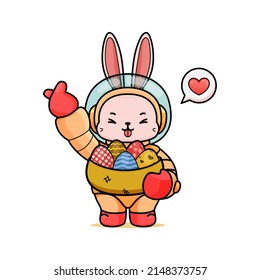 Celebrando la Pascua, la mascota del conejito esquivado con un contorno, al estilo kawaii. ilustración de caricatura de conejo de pascua en traje astronauta sosteniendo una cesta llena de huevos de pascua y mostrando el dedo de amor