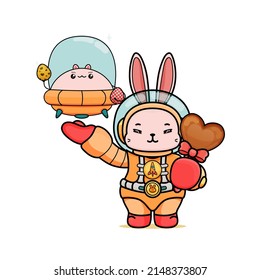 Celebrating Easter, doddle bunny mascot with an outline, in a kawaii style. easter bunny cartoon illustration in astronaut suit holding a ufo chubby bunny with egg, and love chocolate
