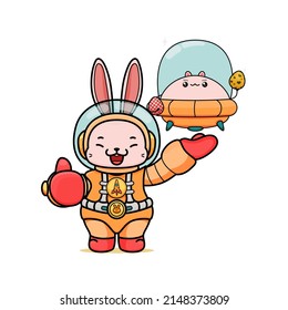 Celebrating Easter, doddle bunny mascot with an outline, in a kawaii style. easter bunny cartoon illustration in astronaut suit holding a ufo chubby bunny with egg, and showing ok sign