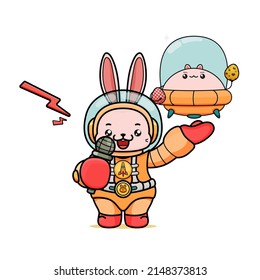 Celebrating Easter, doddle bunny mascot with an outline, in a kawaii style. easter bunny cartoon illustration in astronaut suit holding a ufo chubby bunny with egg, and microphone
