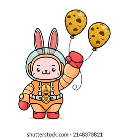 Celebrating Easter, doddle bunny mascot with an outline, in a kawaii style. easter bunny cartoon illustration in astronaut suit holding two balloons chocolate chip with cute face