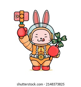 Celebrating Easter, doddle bunny mascot with an outline, in a kawaii style. easter bunny cartoon illustration in astronaut suit holding a smartphone for vlogging adn clover leaf