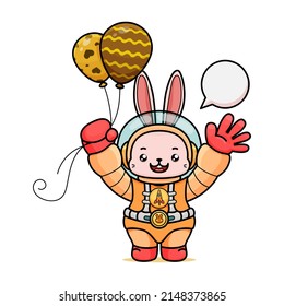 Celebrating Easter, doddle bunny mascot with an outline, in a kawaii style. easter bunny cartoon illustration in astronaut suit holding two balloons with egg shape, and waving hand