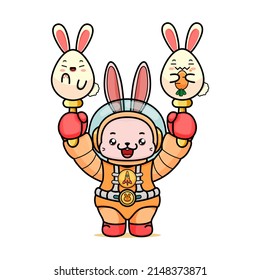 Celebrating Easter, Doddle Bunny Mascot With An Outline, In A Kawaii Style. Easter Bunny Cartoon Illustration In Astronaut Suit Holding Two Egg Bunny With Stick Above Head