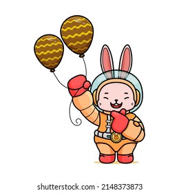 Celebrating Easter, doddle bunny mascot with an outline, in a kawaii style. easter bunny cartoon illustration in astronaut suit holding two balloons chocolate chip and showing love finger