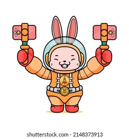 Celebrating Easter, doddle bunny mascot with an outline, in a kawaii style. easter bunny cartoon illustration in astronaut suit holding two smartphone for vlogging both hand