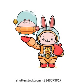 Celebrating Easter, doddle bunny mascot with an outline, in a kawaii style. easter bunny cartoon illustration in astronaut suit holding a ufo chubby bunny with egg, and showing finger love