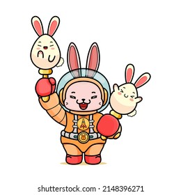 Celebrating Easter, doddle bunny mascot with an outline, in a kawaii style. easter bunny cartoon illustration in astronaut suit holding two little egg bunny with stick both hand