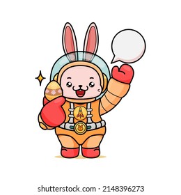 Celebrating Easter, doddle bunny mascot with an outline, in a kawaii style. easter bunny cartoon illustration in astronaut suit holding a little pattern egg and say hi