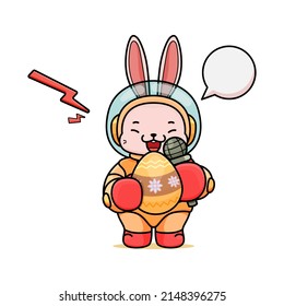 Celebrating Easter, doddle bunny mascot with an outline, in a kawaii style. easter bunny cartoon illustration in astronaut suit holding a big egg with pattern and microphone