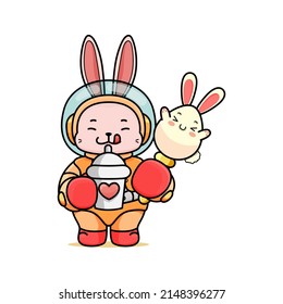 Celebrating Easter, doddle bunny mascot with an outline, in a kawaii style. easter bunny cartoon illustration in astronaut suit holding a little egg bunny with stick and drink boba tea