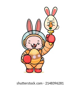 Celebrating Easter, doddle bunny mascot with an outline, in a kawaii style. easter bunny cartoon illustration in astronaut suit holding a little egg bunny with stick and big easter egg 