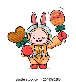 Celebrating Easter, doddle bunny mascot with an outline, in a kawaii style. easter bunny cartoon illustration in astronaut suit holding a ornament egg with stick and chocolate candy on another hand 