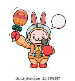 Celebrating Easter, doddle bunny mascot with an outline, in a kawaii style. easter bunny cartoon illustration in astronaut suit holding a ornament egg with stick and microphone on another hand 