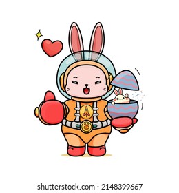 Celebrating Easter, doddle bunny mascot with an outline, in a kawaii style. easter bunny cartoon illustration in astronaut suit holding a cute little bunny in egg shell and showing ok gesture