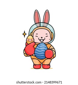 Celebrating Easter, doddle bunny mascot with an outline, in a kawaii style. easter bunny cartoon illustration in astronaut suit holding a little pattern egg and big egg with pattern