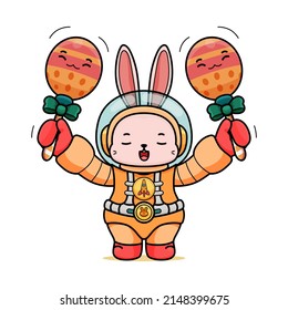 Celebrating Easter, doddle bunny mascot with an outline, in a kawaii style. easter bunny cartoon illustration in astronaut suit holding two ornament eggs with stick on both hand