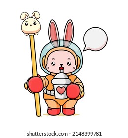 Celebrating Easter, doddle bunny mascot with an outline, in a kawaii style. easter bunny cartoon illustration in astronaut suit holding a little rounded bunny on gold cane and drink boba tea