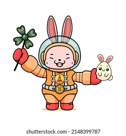 Celebrating Easter, doddle bunny mascot with an outline, in a kawaii style. easter bunny cartoon illustration in astronaut suit holding a little egg bunny with cute face and clover leaf