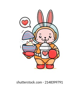 Celebrating Easter, doddle bunny mascot with an outline, in a kawaii style. easter bunny cartoon illustration in astronaut suit holding a cute little bunny in egg shell and drink boba tea