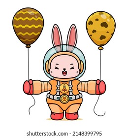 Celebrating Easter, doddle bunny mascot with an outline, in a kawaii style. easter bunny cartoon illustration in astronaut suit holding two easter balloons on both hand