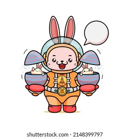 Celebrating Easter, doddle bunny mascot with an outline, in a kawaii style. easter bunny cartoon illustration in astronaut suit holding two cute little bunny in egg shells on both hand