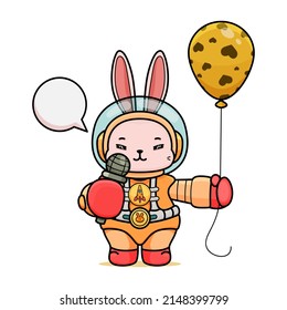 Celebrating Easter, doddle bunny mascot with an outline, in a kawaii style. easter bunny cartoon illustration in astronaut suit holding a easter balloon and microphone