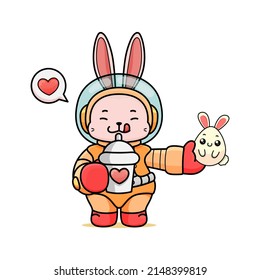 Celebrating Easter, doddle bunny mascot with an outline, in a kawaii style. easter bunny cartoon illustration in astronaut suit holding a little egg bunny with cute face and boba tea in tumbler