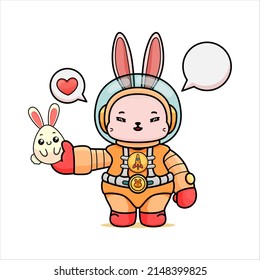 Celebrating Easter, doddle bunny mascot with an outline, in a kawaii style. easter bunny cartoon illustration in astronaut suit holding a little egg bunny with cute face and with love icon