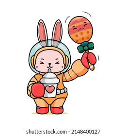 Celebrating Easter, doddle bunny mascot with an outline, in a kawaii style. easter bunny cartoon illustration in astronaut suit holding a ornament egg with stick and boba tea on another hand 
