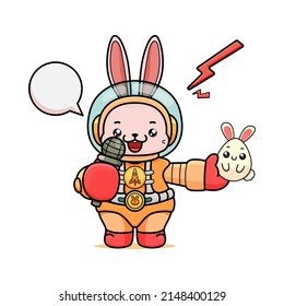 Celebrating Easter, doddle bunny mascot with an outline, in a kawaii style. easter bunny cartoon illustration in astronaut suit holding a little egg bunny with cute face and microphone