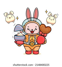 Celebrating Easter, doddle bunny mascot with an outline, in a kawaii style. easter bunny cartoon illustration in astronaut suit holding a cute little bunny in egg shell and chocolate stick candy