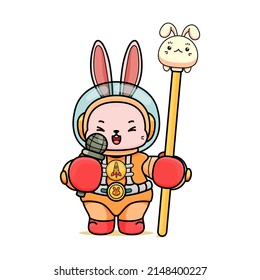 Celebrating Easter, doddle bunny mascot with an outline, in a kawaii style. easter bunny cartoon illustration in astronaut suit holding a little rounded bunny on gold cane and microphone