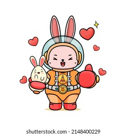 Celebrating Easter, doddle bunny mascot with an outline, in a kawaii style. easter bunny cartoon illustration in astronaut suit holding a cute little egg with bunny ear and showing ok gesture