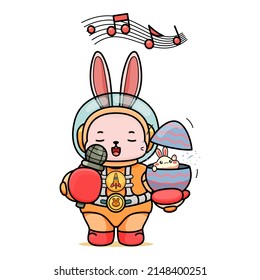 Celebrating Easter, doddle bunny mascot with an outline, in a kawaii style. easter bunny cartoon illustration in astronaut suit holding a cute little bunny in egg shell and microphone