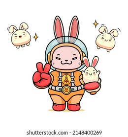 Celebrating Easter, doddle bunny mascot with an outline, in a kawaii style. easter bunny cartoon illustration in astronaut suit holding a cute little egg with bunny ear and showing peace finger