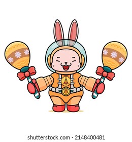 Celebrating Easter, doddle bunny mascot with an outline, in a kawaii style. easter bunny cartoon illustration in astronaut suit holding two maracas with pattern in both hand