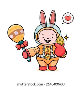 Celebrating Easter, Doddle Bunny Mascot With An Outline, In A Kawaii Style. Easter Bunny Cartoon Illustration In Astronaut Suit Holding A Maracas With Pattern And Little Egg With Pattern