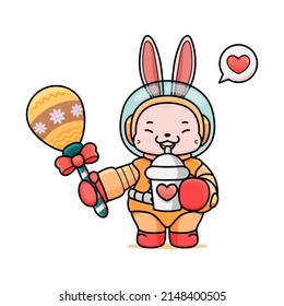Celebrating Easter, doddle bunny mascot with an outline, in a kawaii style. easter bunny cartoon illustration in astronaut suit holding a maracas with pattern and drink boba tea