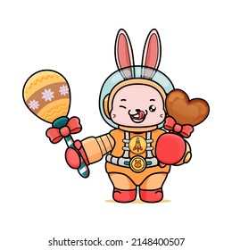 Celebrating Easter, doddle bunny mascot with an outline, in a kawaii style. easter bunny cartoon illustration in astronaut suit holding a maracas with pattern and love chocolate candy