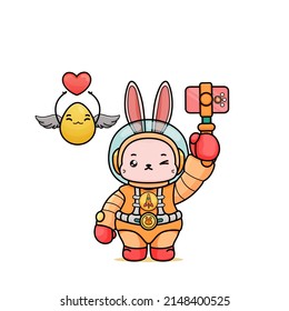 Celebrating Easter, doddle bunny mascot with an outline, in a kawaii style. easter bunny cartoon illustration in astronaut suit holding a smartphone on stick with fairy golden egg